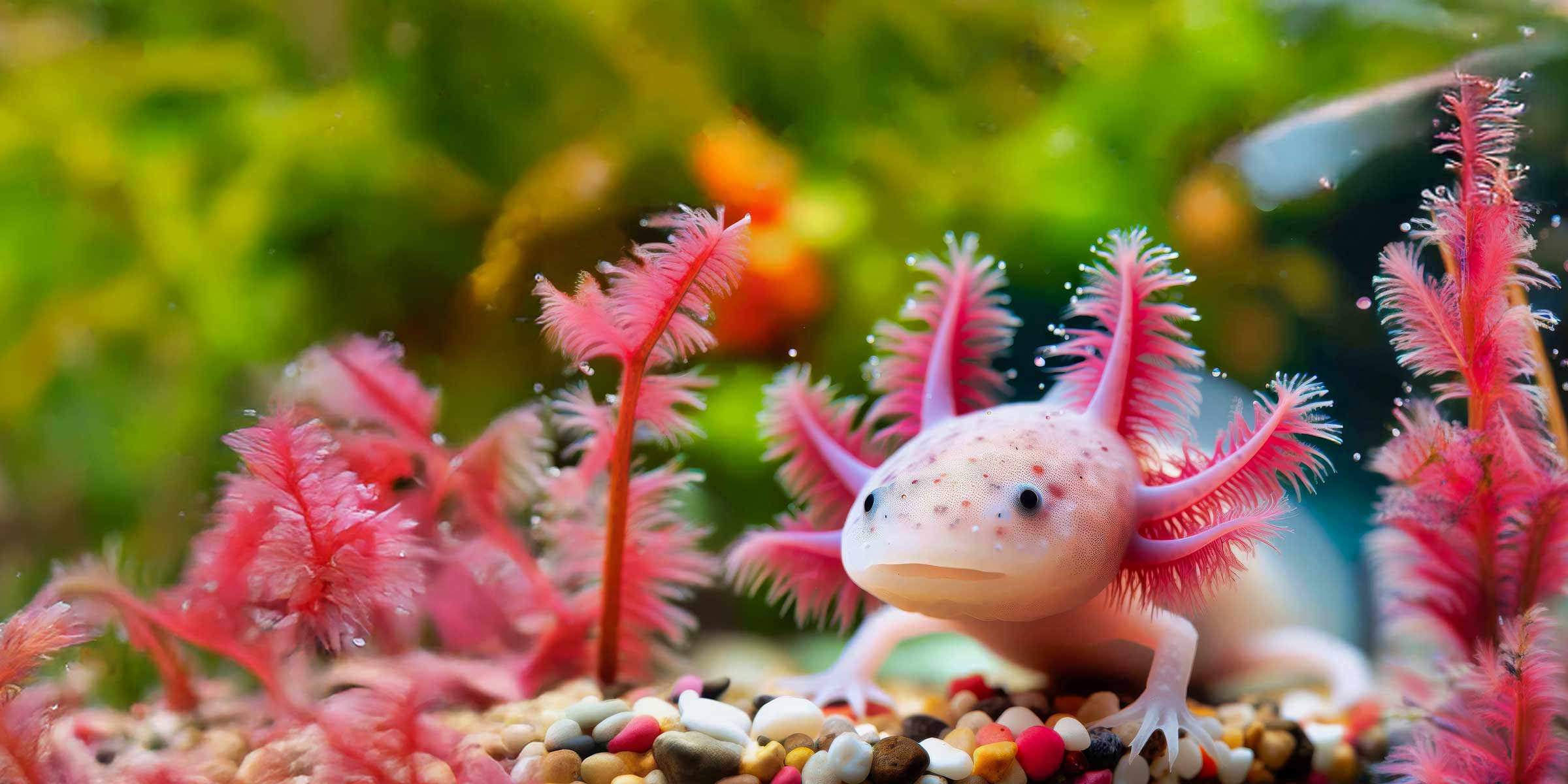 A pink axolotl in an aquarium