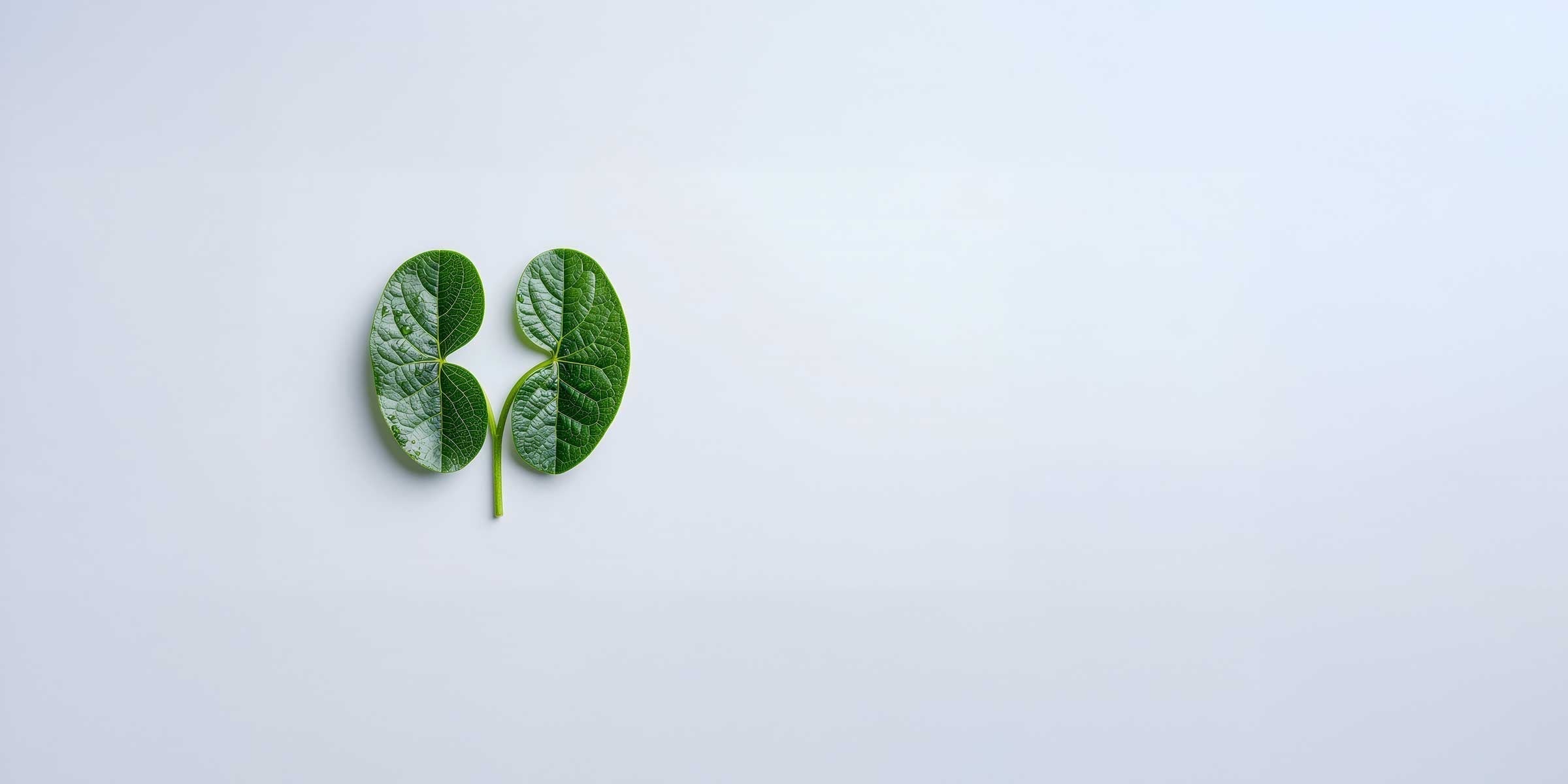Two green leaves shaped like human kidneys on a white background, representing natural renal support.