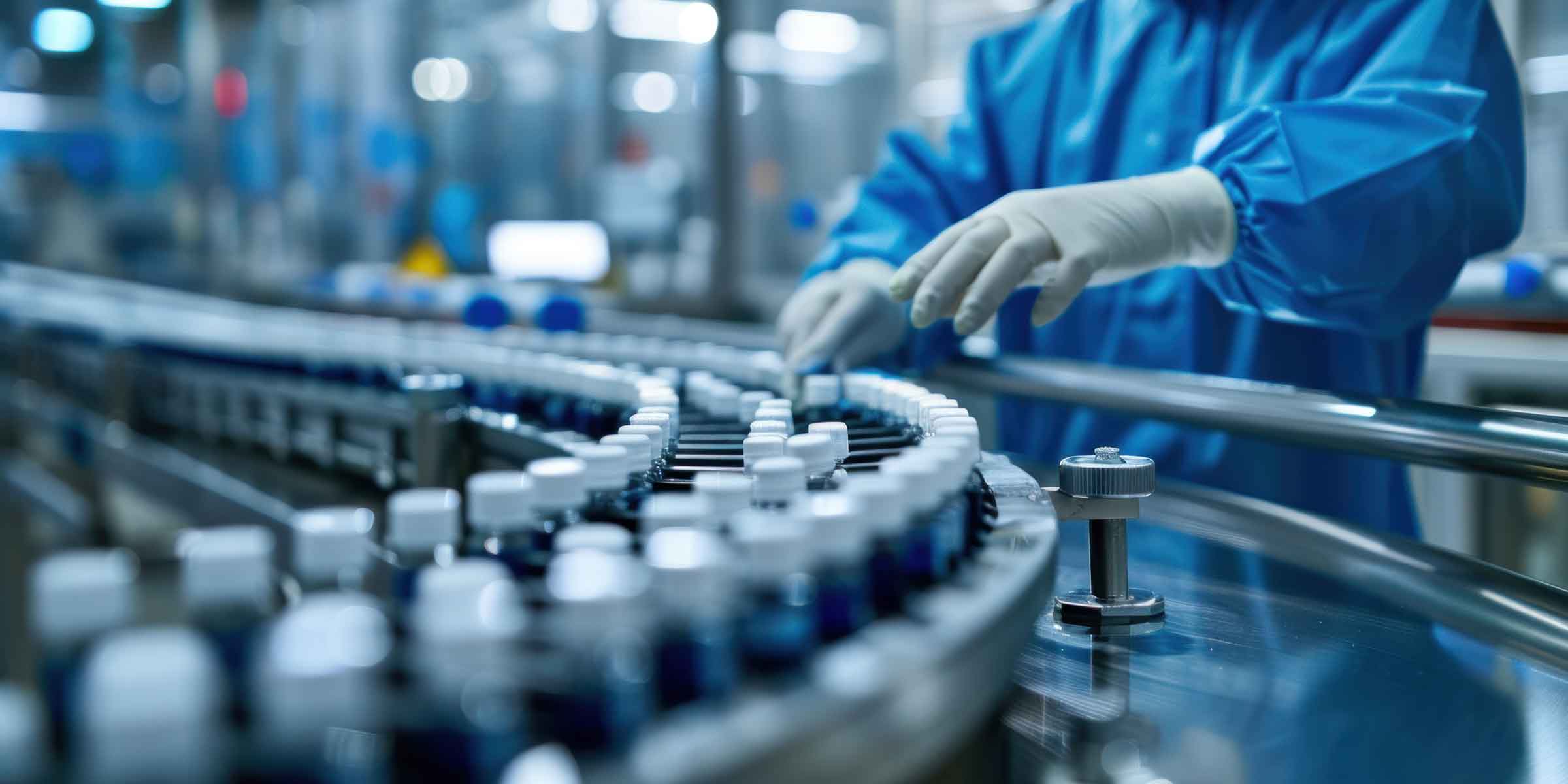 Image of a high-quality, modern manufacturing line. Bottles on assembly line. Person in protective gloves and gown reaching out to bottles.