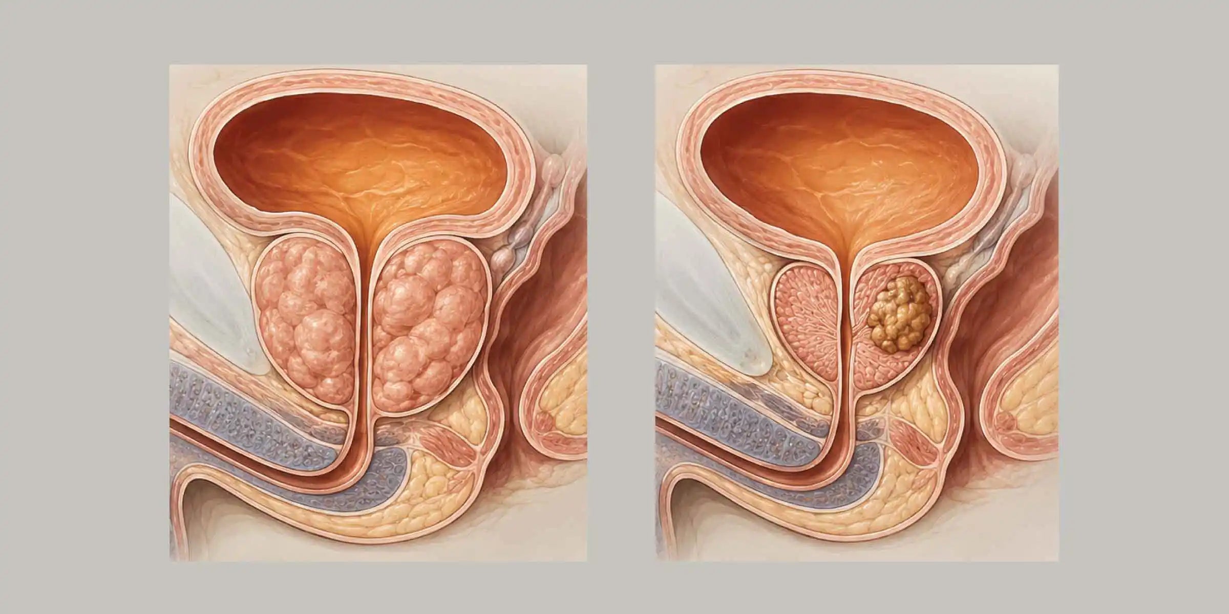 Side by side anatomical illustrations of BPH and prostate cancer