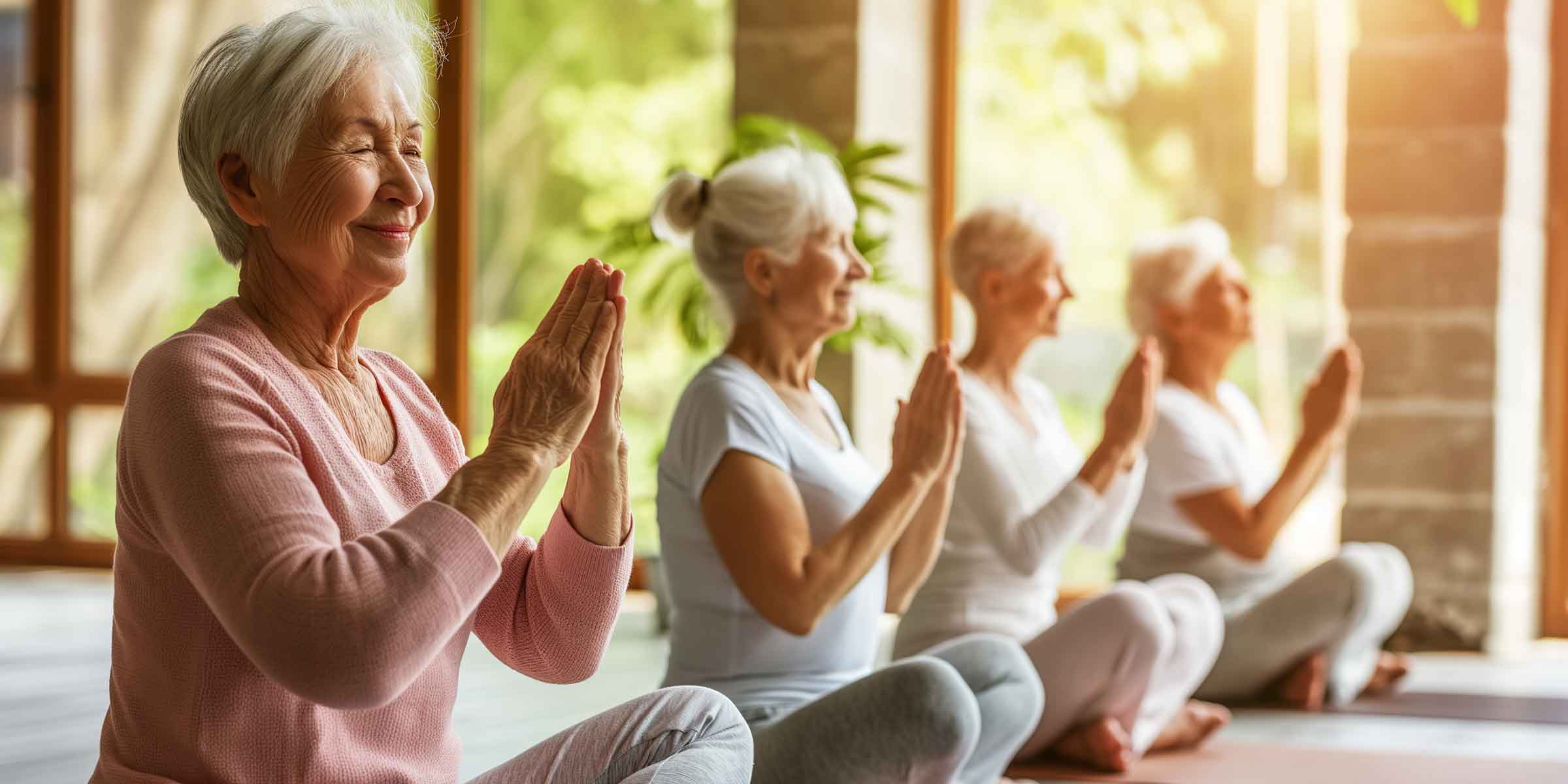 Image of four senior women in a yoga posture of gratitude.