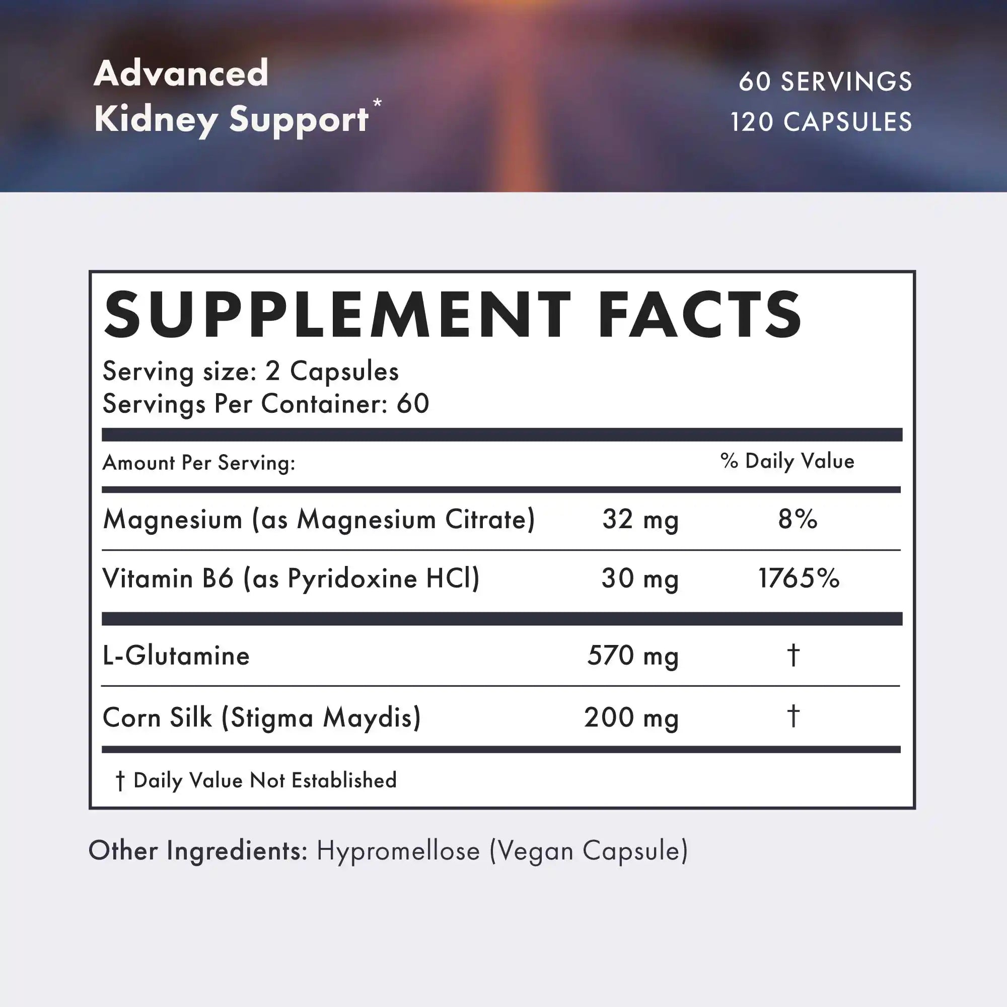 Supplement facts label for Advanced Kidney Support with ingredient list and serving size details.