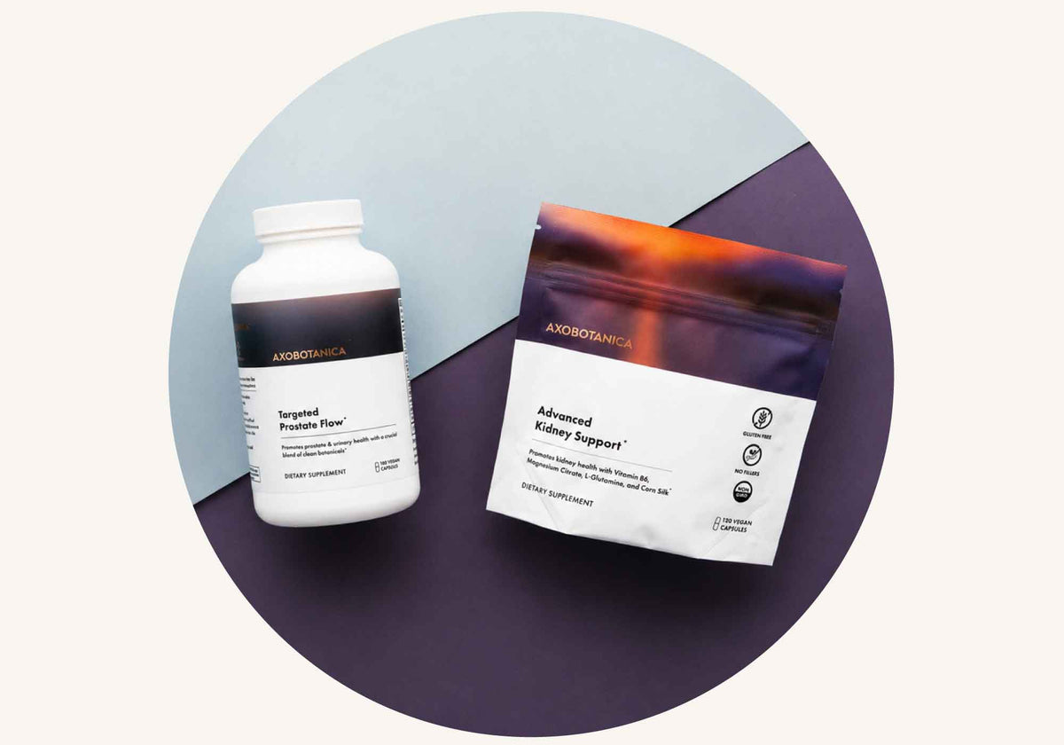 Two Axobotanica products on a split color background in a circle crop.