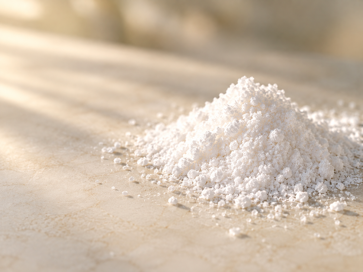 A mound of fine white D-Mannose powder on a warm stone surface