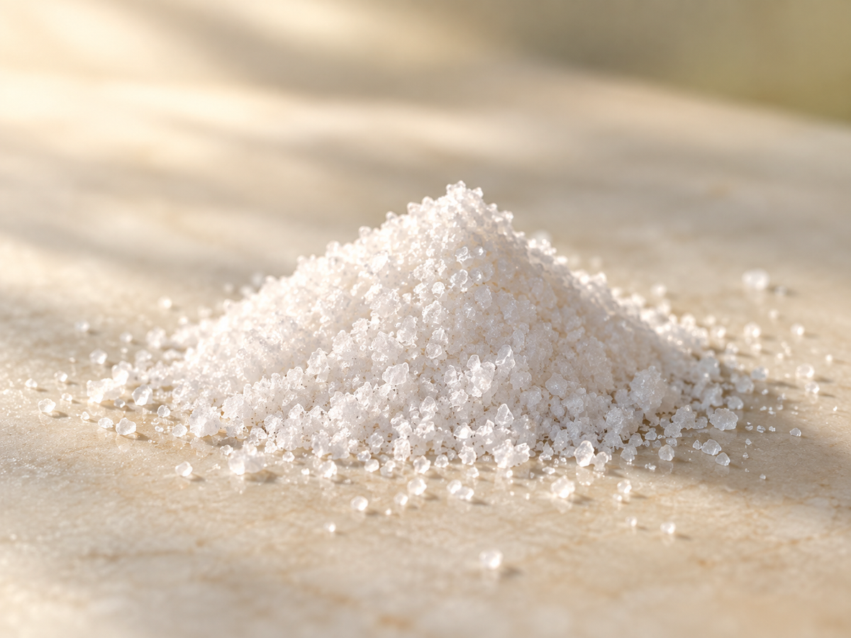 A mound of white magnesium citrate crystals on a warm stone surface