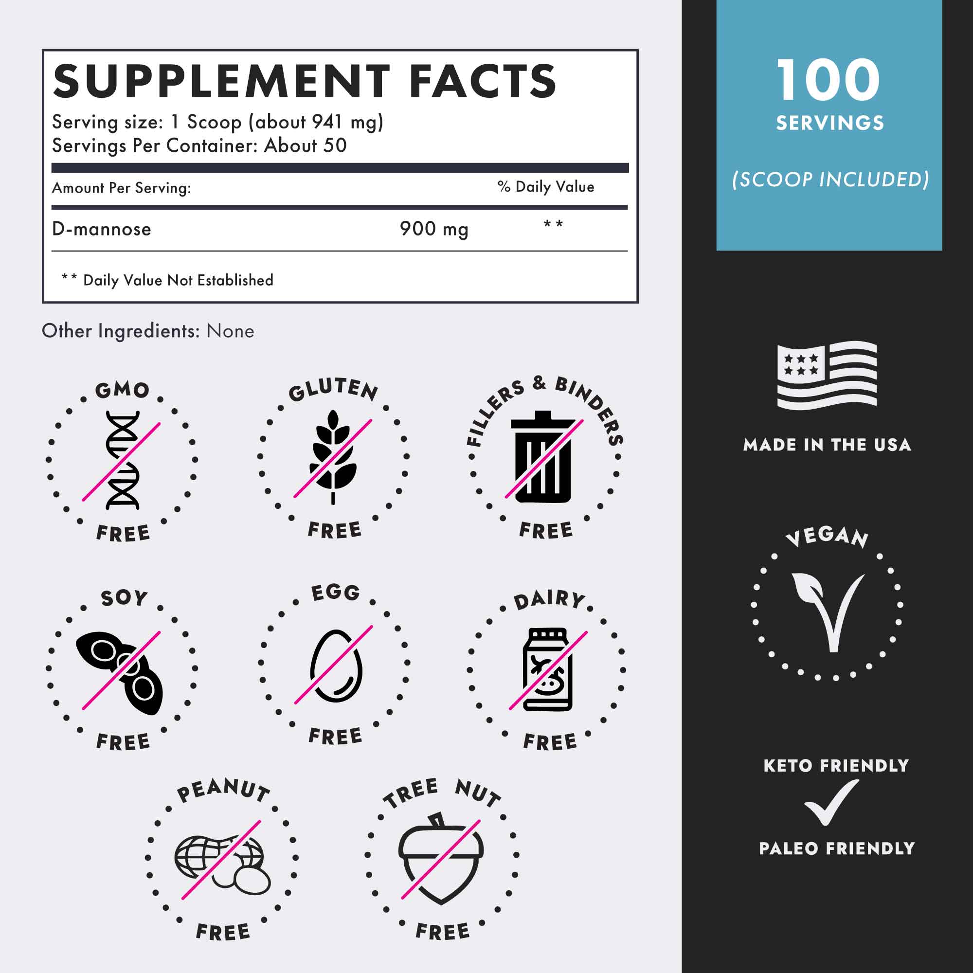 Supplement facts label with various dietary free icons and product details on a white background.
