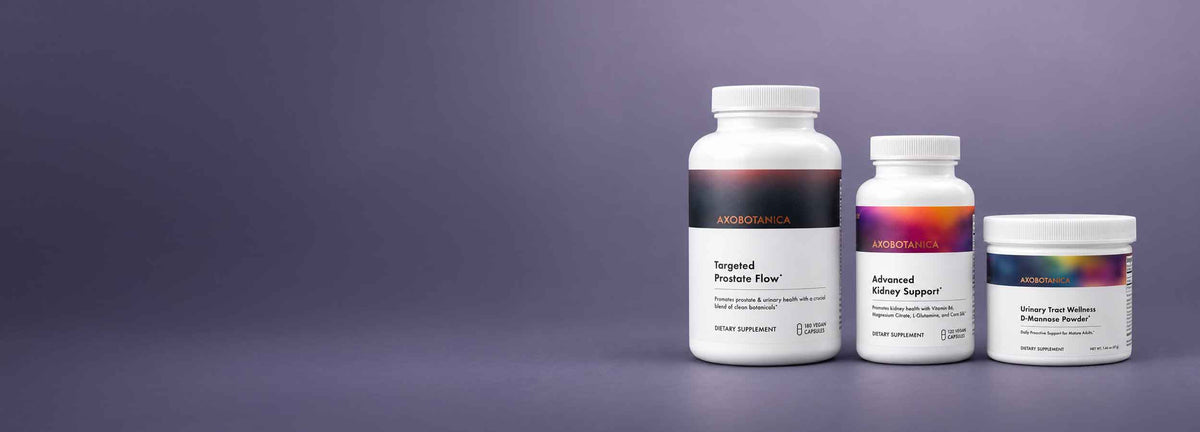 Three white supplement bottles from Axobotanica on a dark purple gradient background.