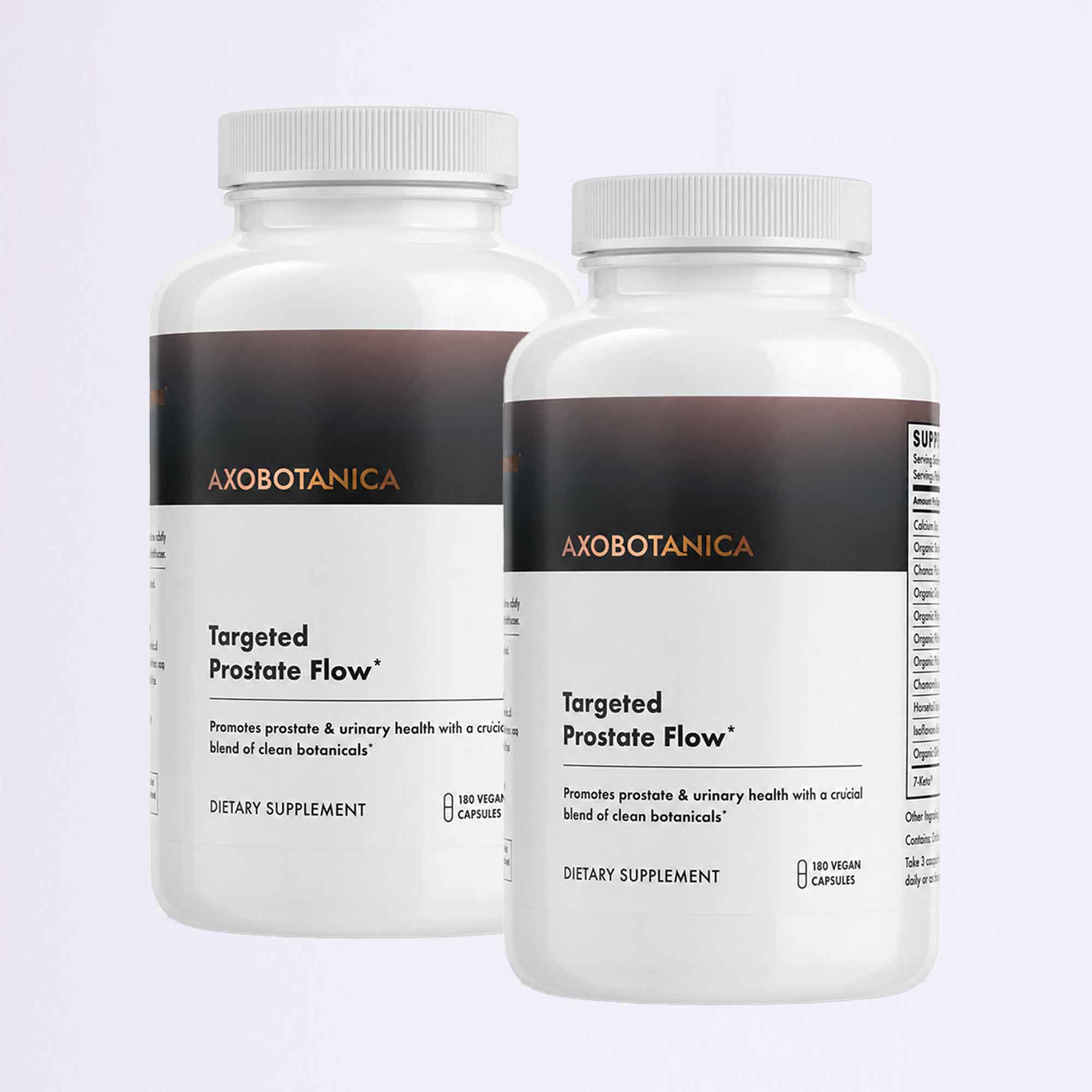 Two bottles of Axobotanica Targeted Prostate Flow dietary supplement on a light gray background