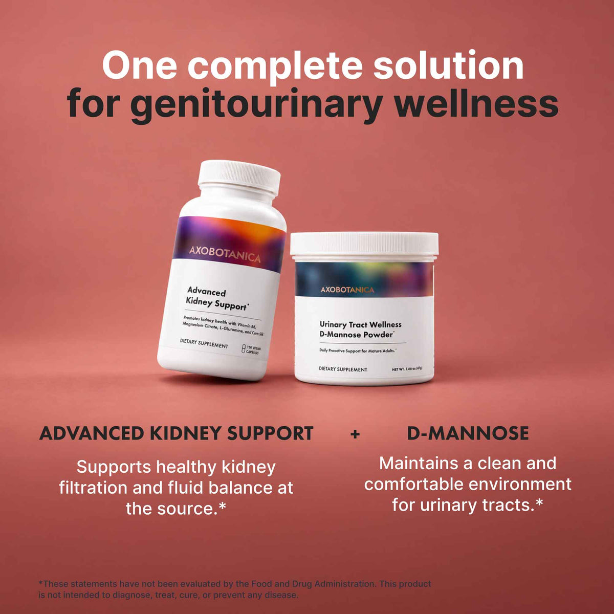 An Axobotanica Advanced Kidney Support pouch beside a jar of Urinary Tract Wellness D-Mannose Powder