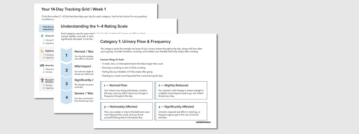 Two printed sheets of a urinary tract infection (UTI) tracking worksheet displayed on a light gray background. The left sheet shows a weekly tracking grid with colored icons and a rating scale, and the right sheet shows category guidance for urinary flow and frequency.