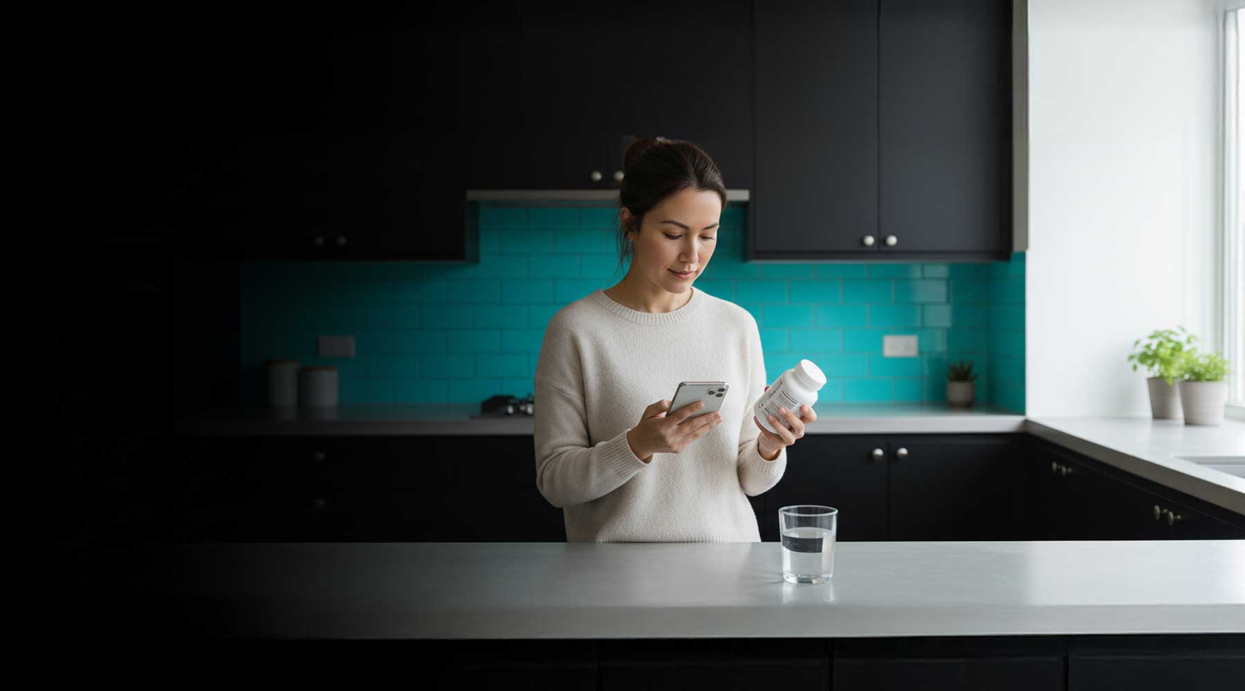 Woman looking at supplement bottle while standing in her kitchen