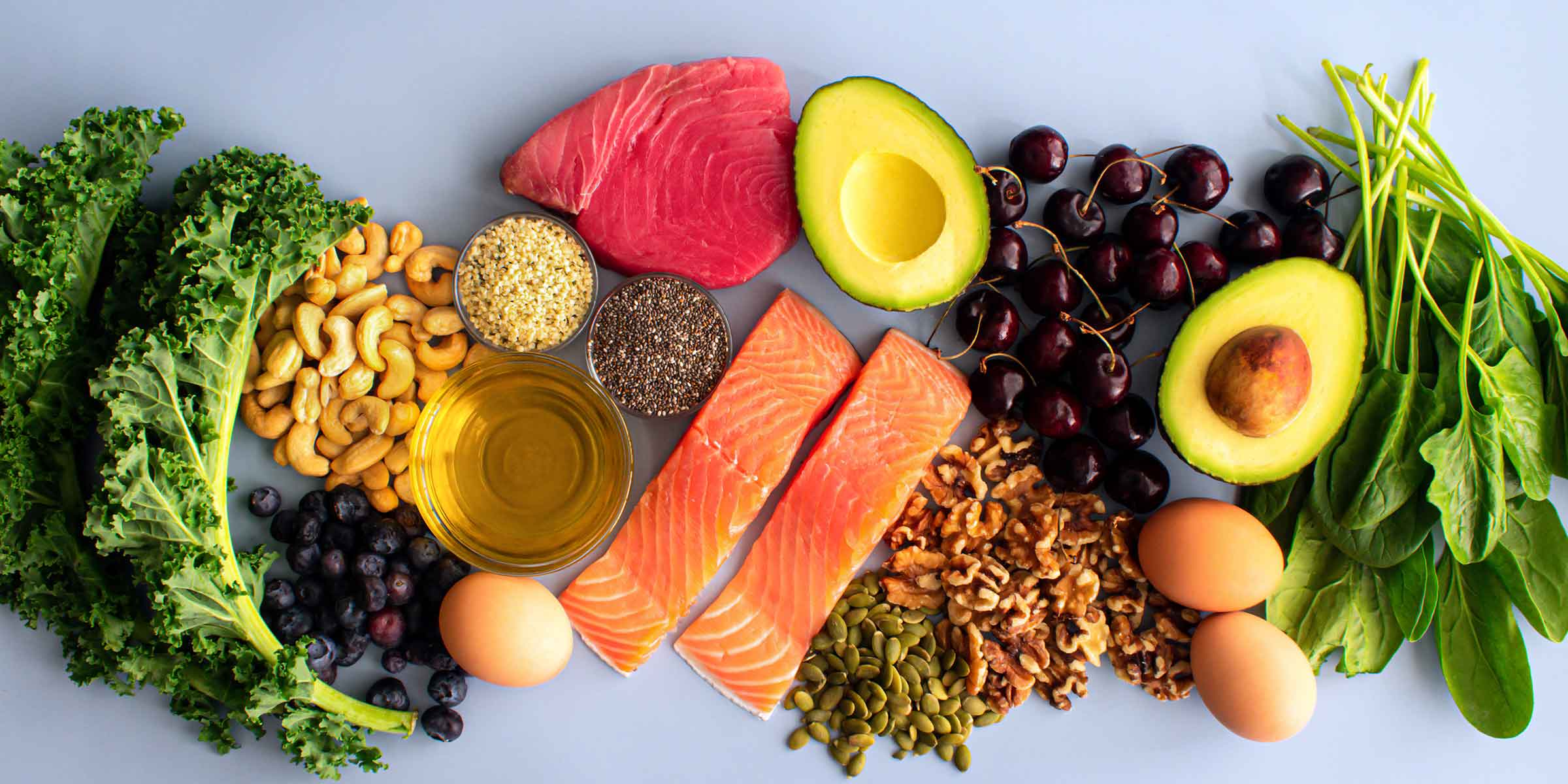 Healthy foods on blue background