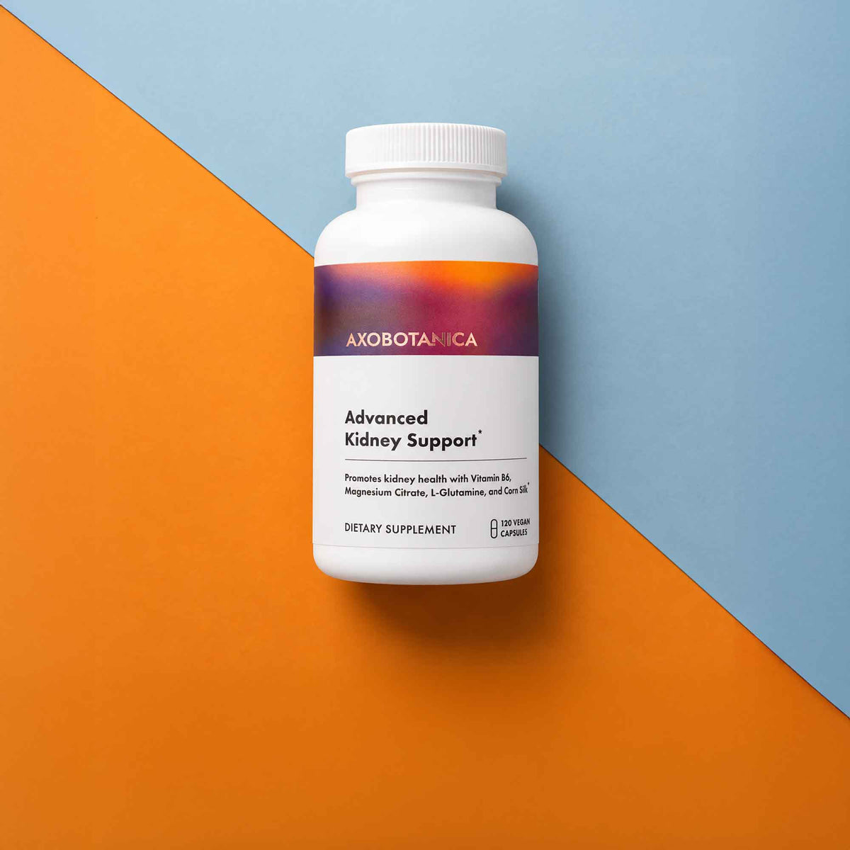 White bottle of Advanced Kidney Support on split blue and orange background