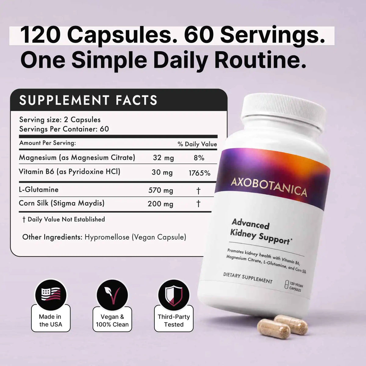Advanced Kidney Support bottle shown on a light lavender background next to supplement panel