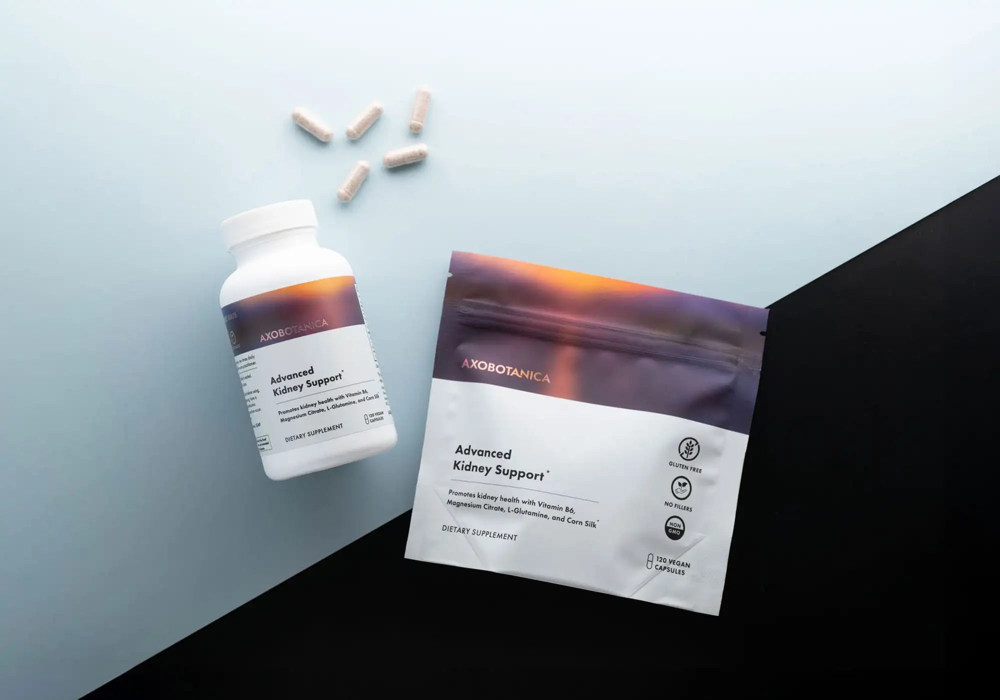 Advanced Kidney Support bottle and pouch with loose capsules