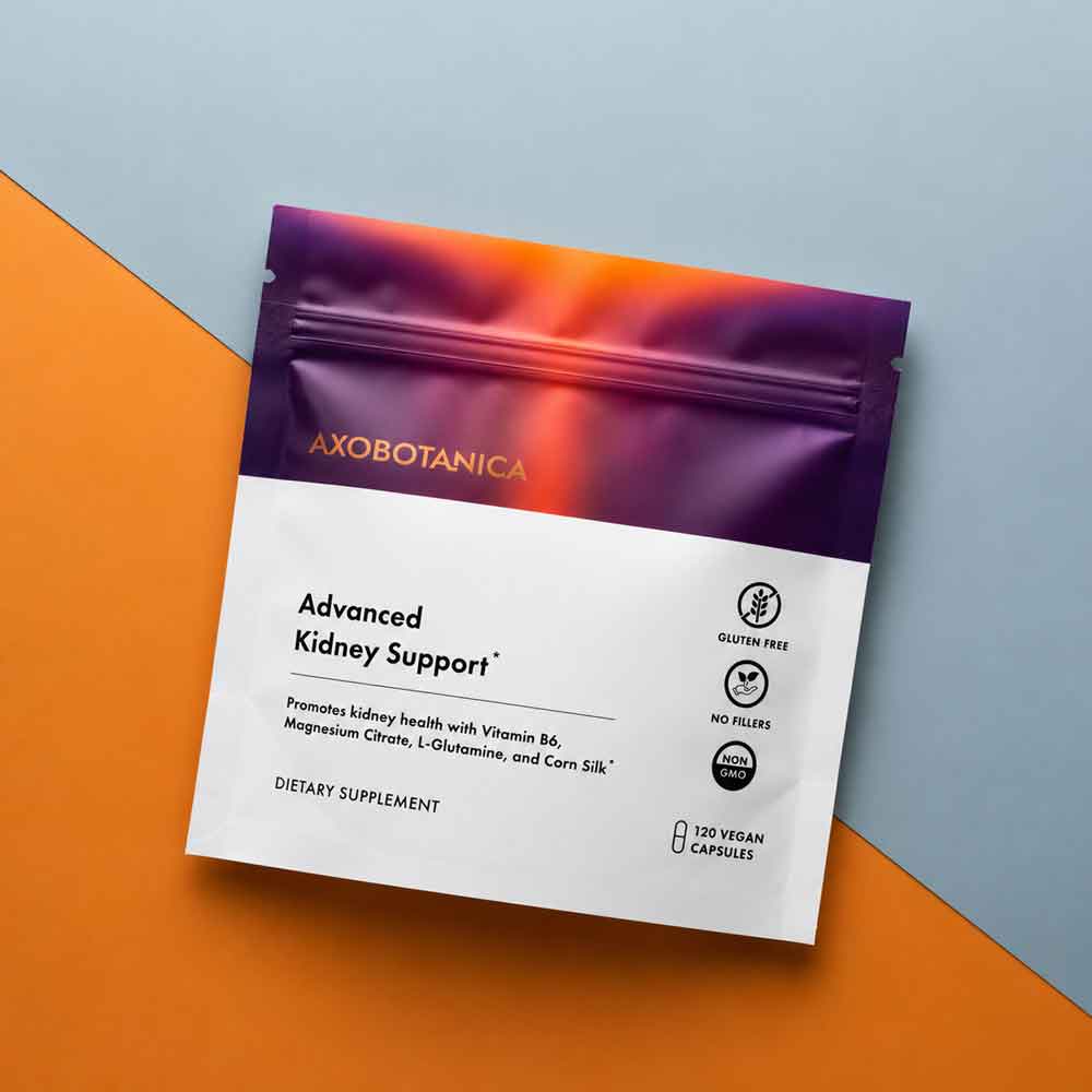 A stand-up pouch of Advanced Kidney Support dietary supplement, photographed on a diagonally split orange and light blue background.