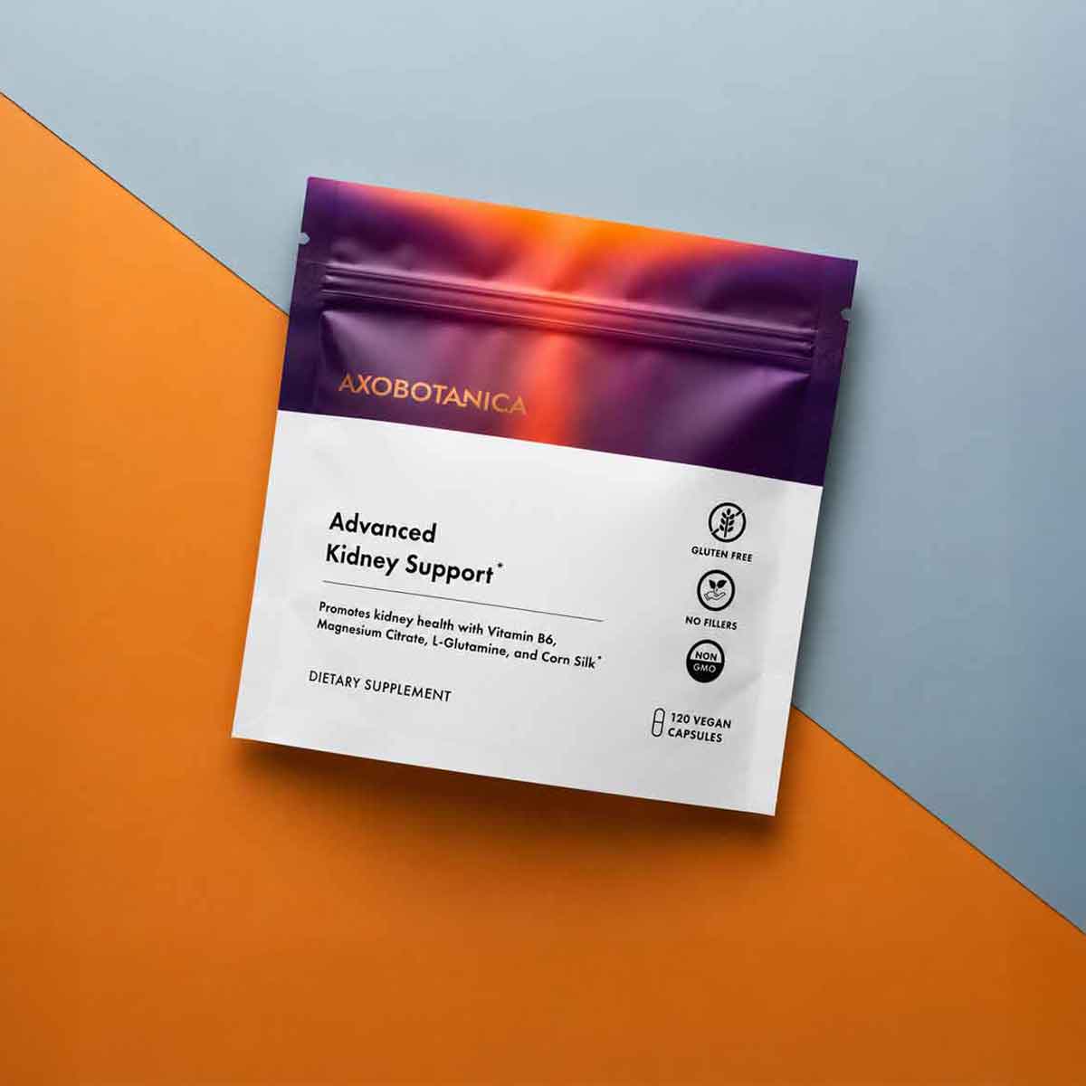 A stand-up pouch of AXOBOTANICA Advanced Kidney Support dietary supplement