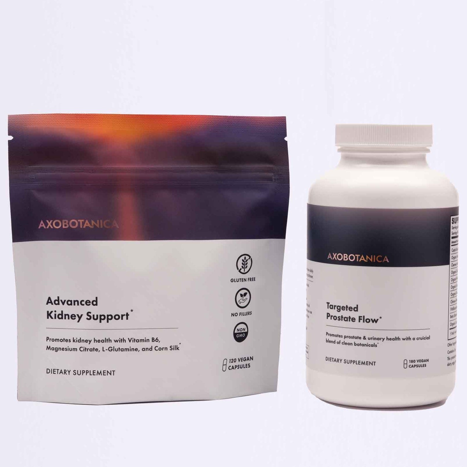 Axobotanica dietary supplements including a package and a bottle on a white background