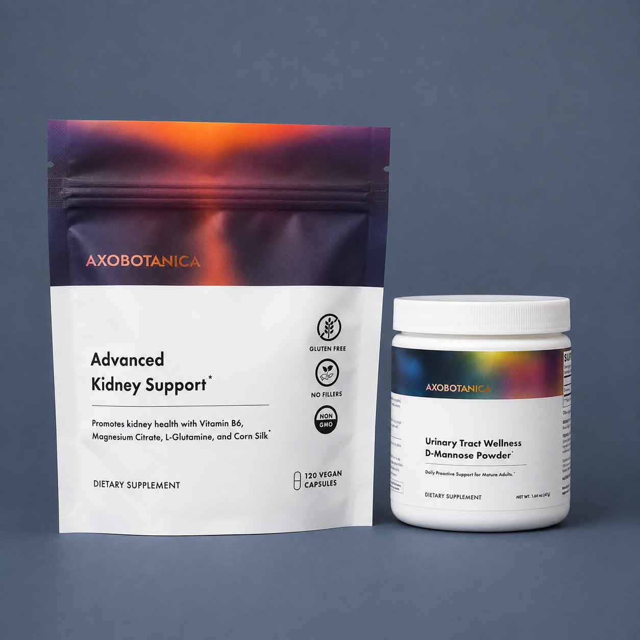 Pouch of Advanced Kidney Support next to a jar of D-mannose powder on a blue background