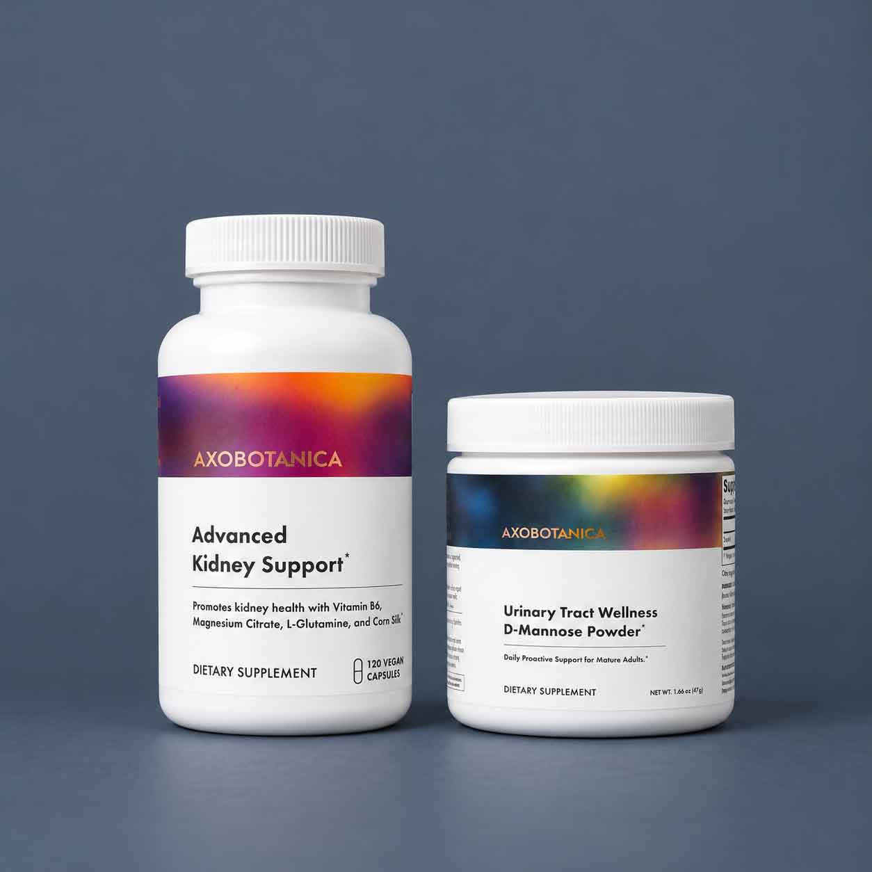 Bottle of Advanced Kidney Support next to a jar of D-mannose powder on a blue background