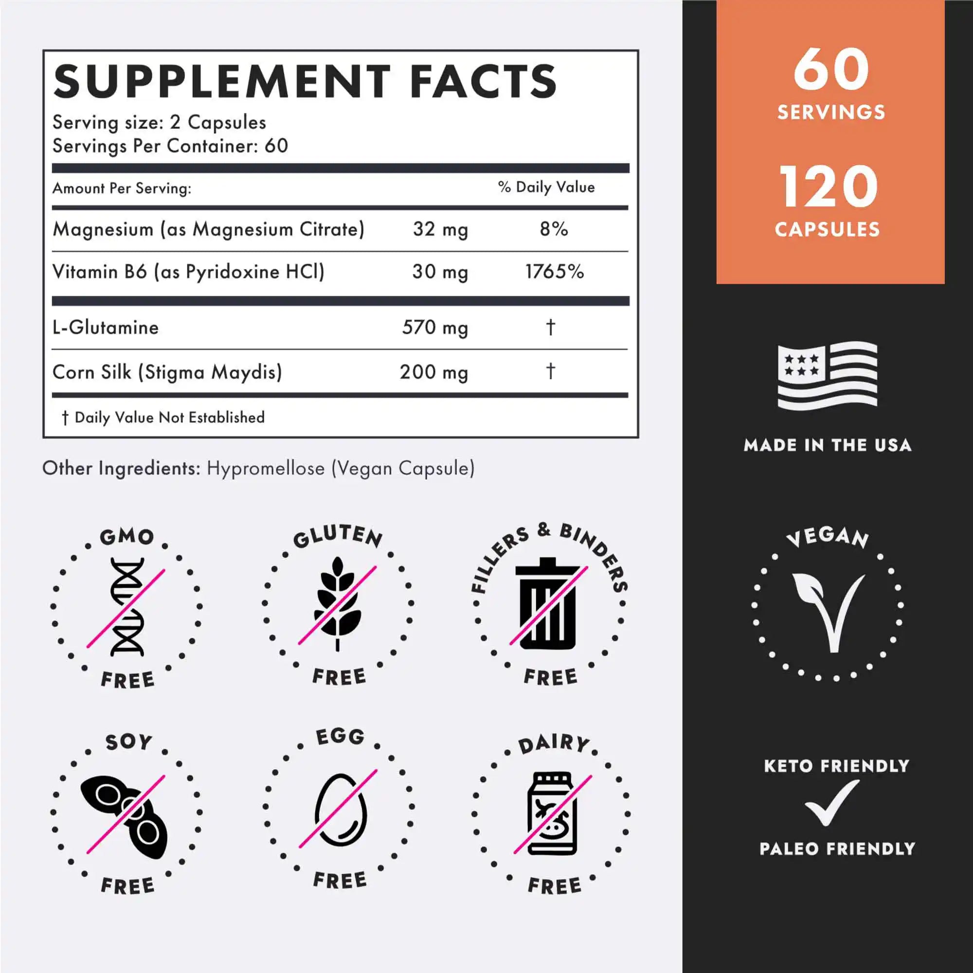 Supplement facts label with nutritional information and dietary freedom icons on a black background.