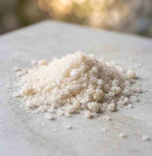 Pile of white sand on a light gray surface with a blurred natural background