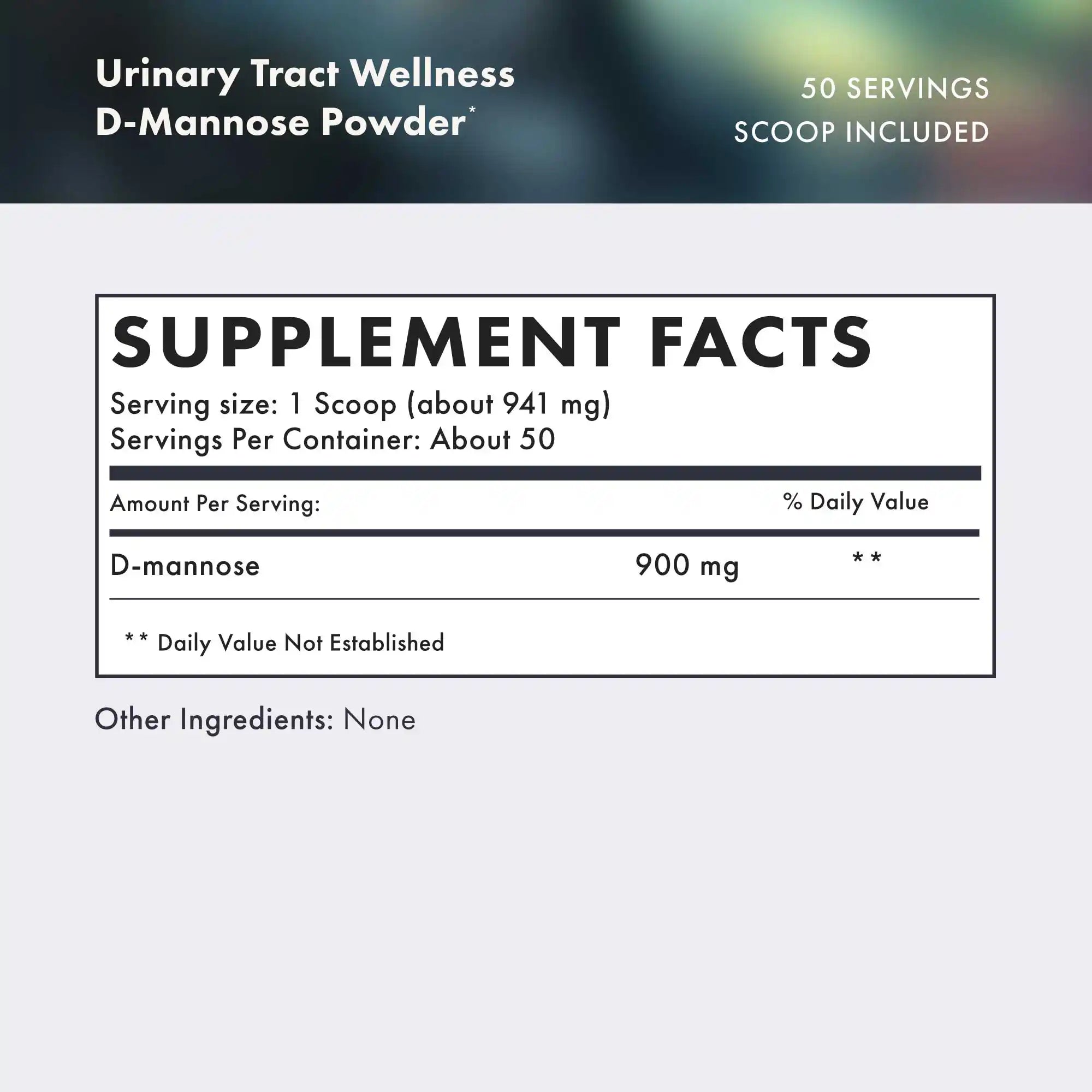 Supplement facts label for D-Mannose Powder with serving size and container details.