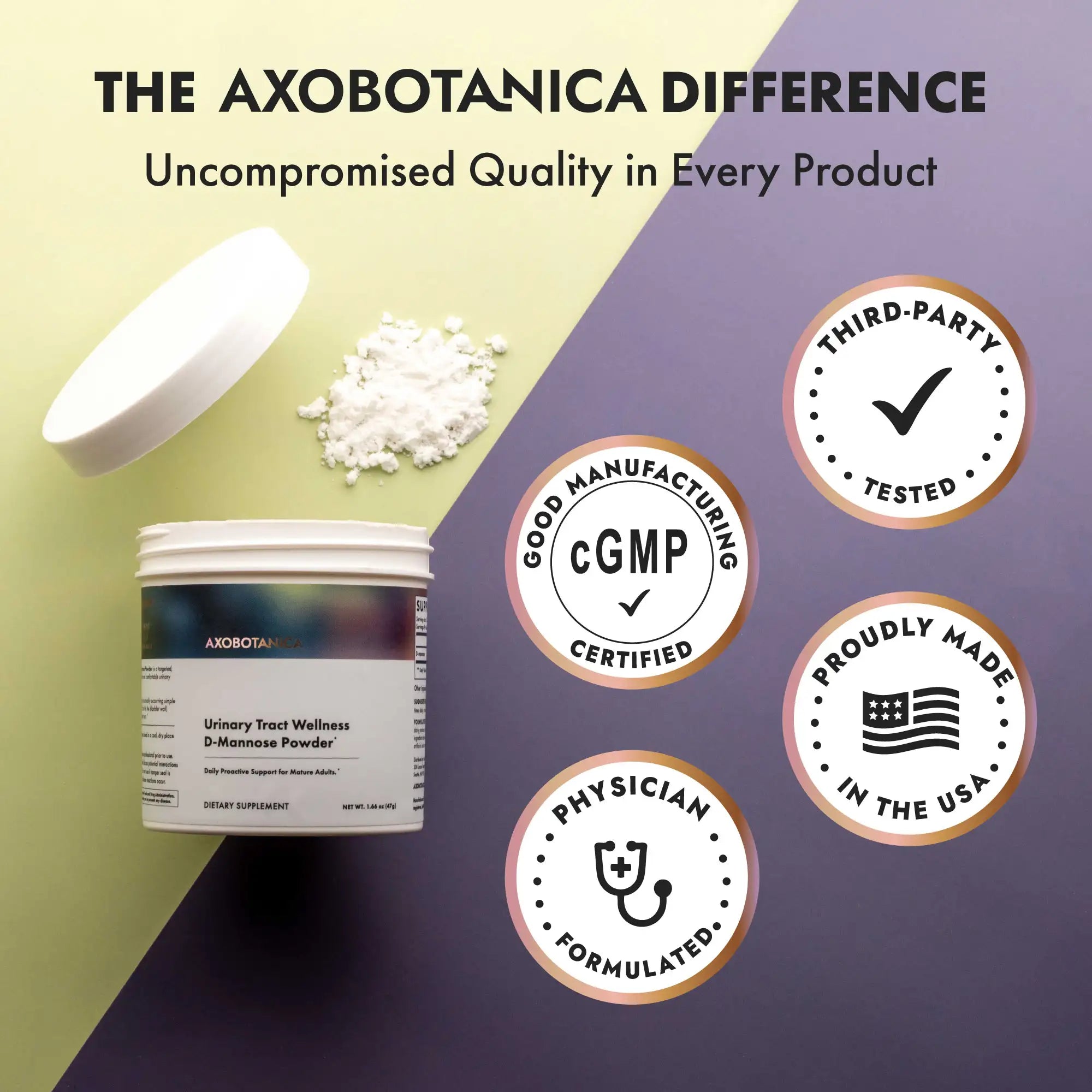 Axobotanica D-mannose jar and quality seals