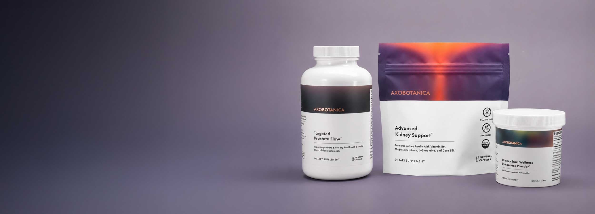 Three Axobotanica supplements against purple background