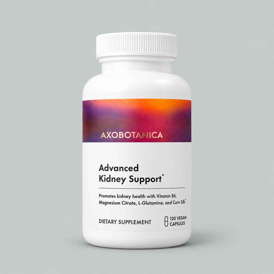A white bottle of Axobotanica Advanced Kidney Support dietary supplement