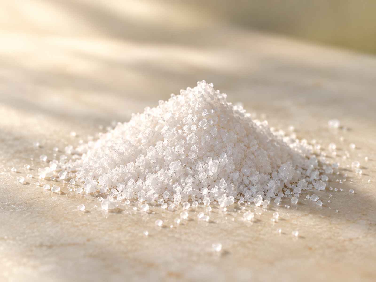 Pile of white crystalized substance on light brown counter
