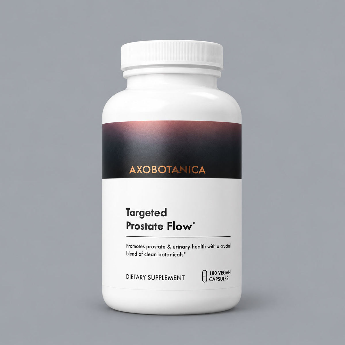 A white plastic bottle of Axobotanica Targeted Prostate Flow dietary supplement