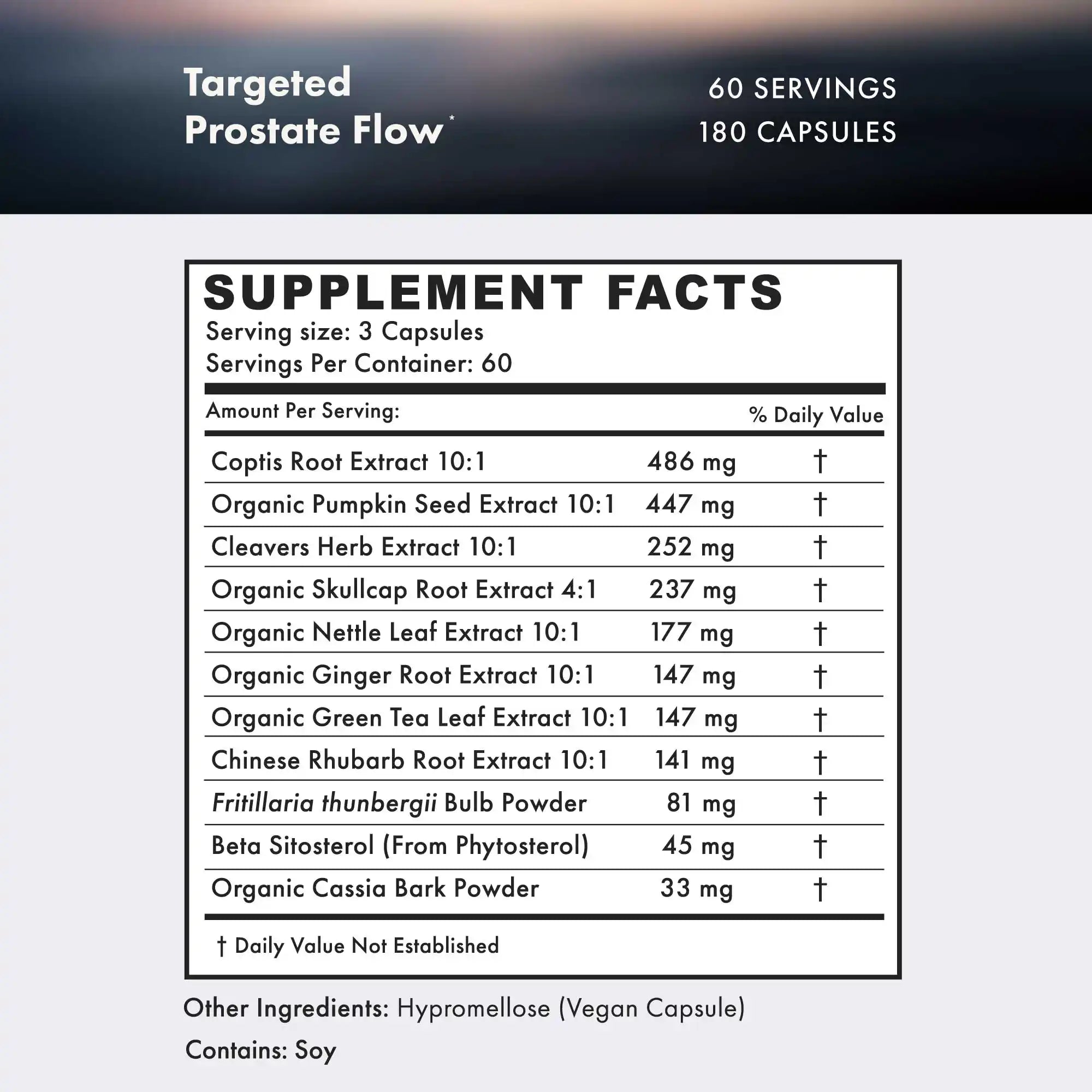 Supplement facts label for 'Targeted Prostate Flow' with ingredient list and serving size details.