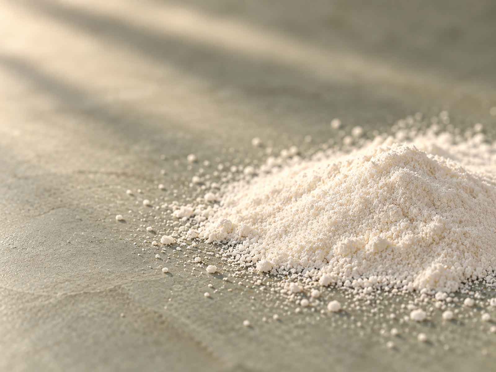 Pile of while powder on grey countertop