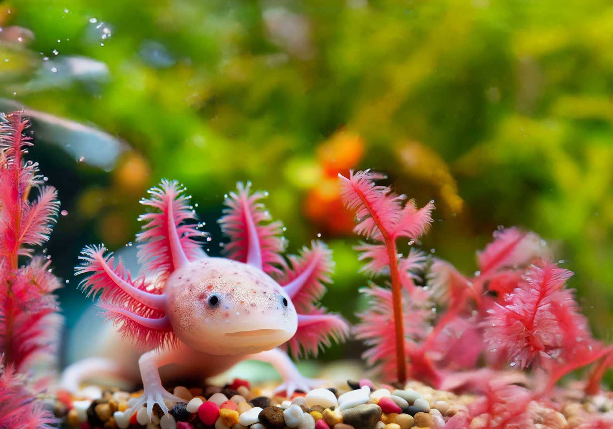 A pink axolotl in an underwater environment 