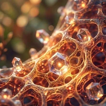 Close-up of a honeycomb structure with crystals on a blurred natural background