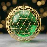 Glowing green ball in protective gold cage on lit background