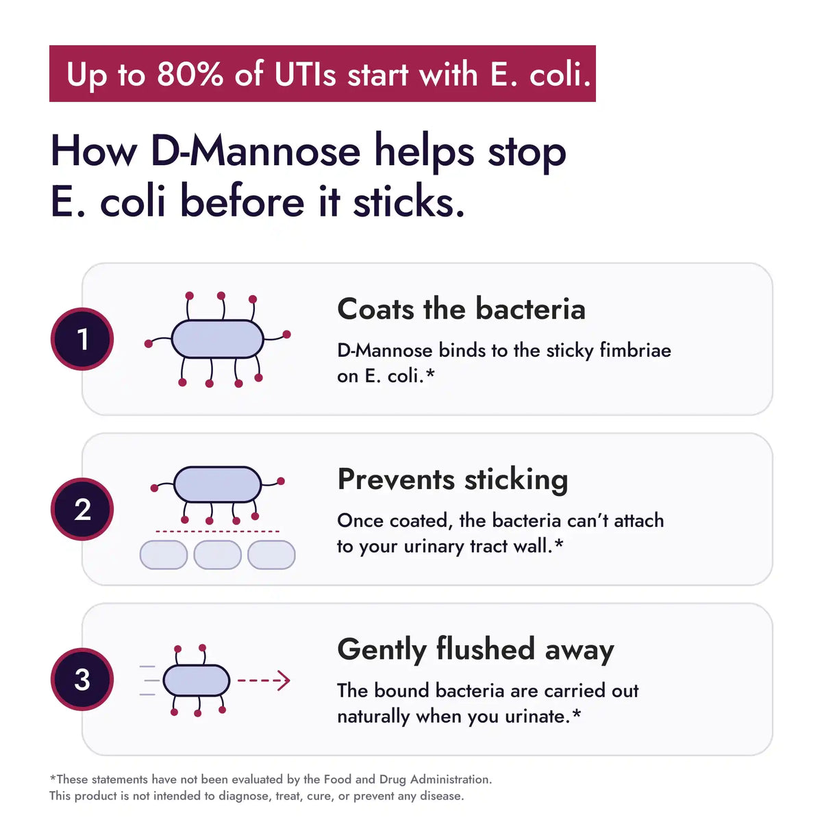 An informational infographic about how D-Mannose helps stop E. coli from sticking.