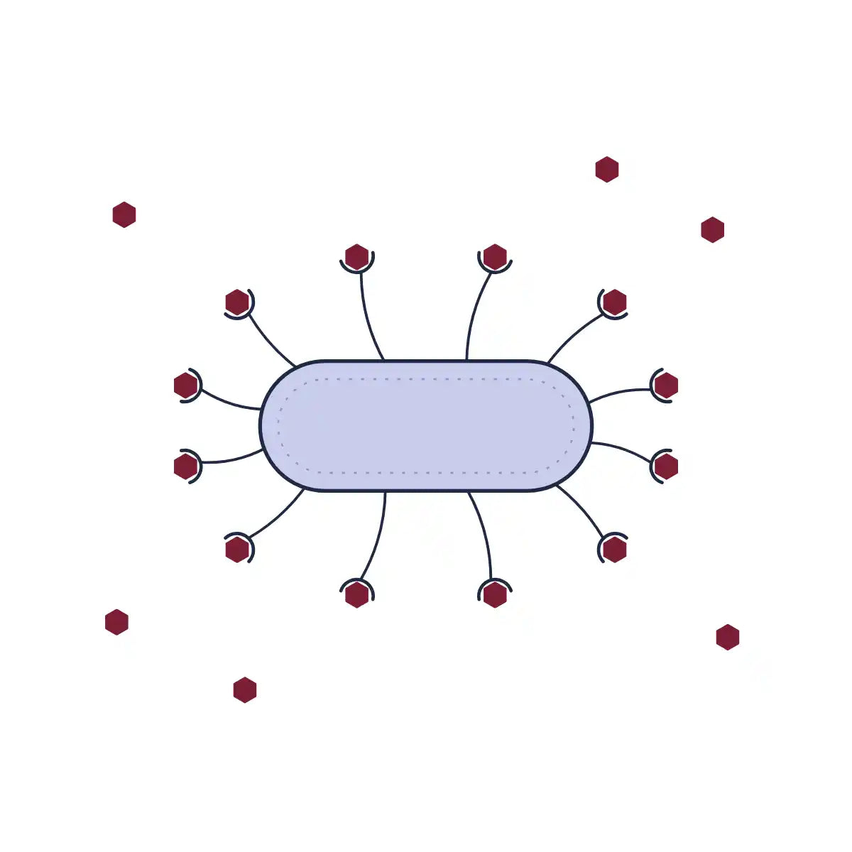 Illustration of an E. coli bacterium with D-mannose bound to the tips of its fimbriae