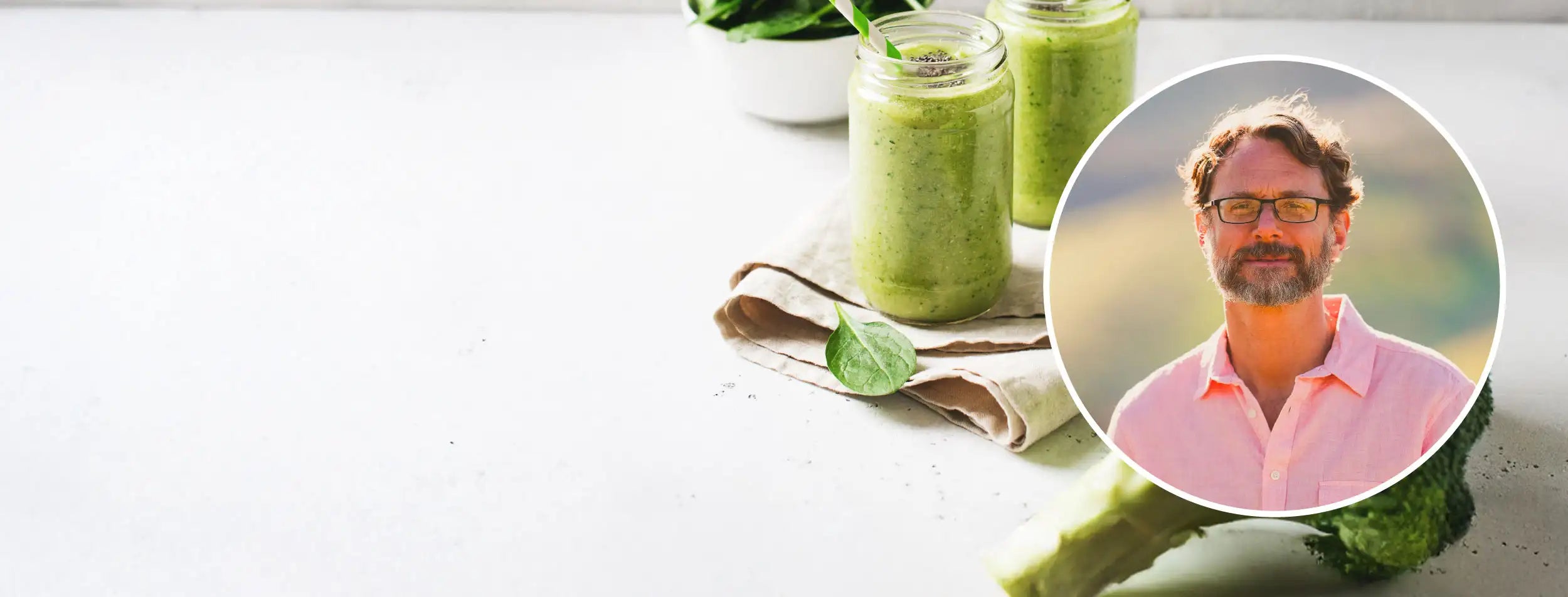 Green smoothie with inset of Dr. Chris Chlebowski